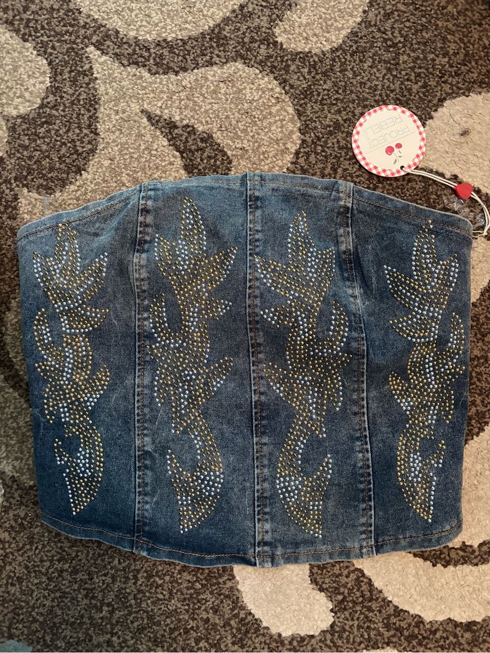 Denim Rhinestone Strapless Western Crop Top in Blue